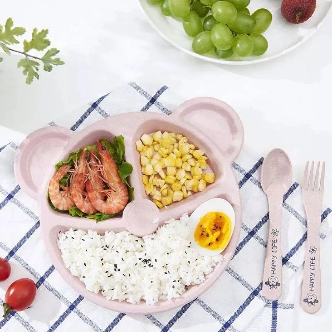 Kit Refeição Infantil Prato Urso Com Divisórias e Talheres
