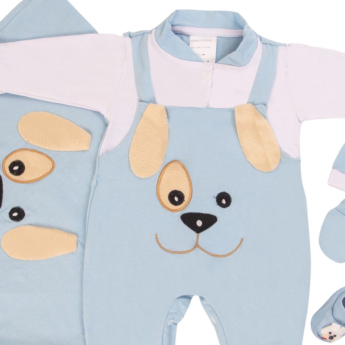 Macacão de Saída de Maternidade Menina Cachorrinha Azul Bebê com Sapatinho Ki