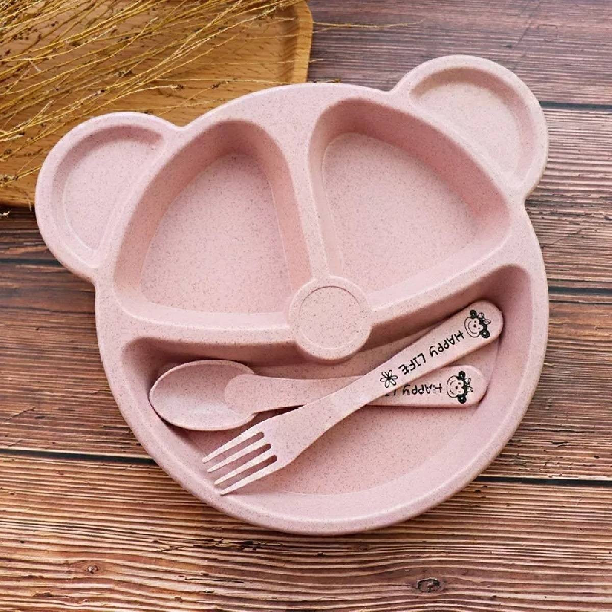 Kit Refeição Infantil Prato Urso Com Divisórias e Talheres